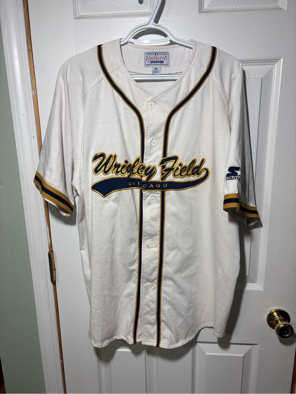 STARTER Wrigley Field Baseball Jersey in Cream, Navy & Gold